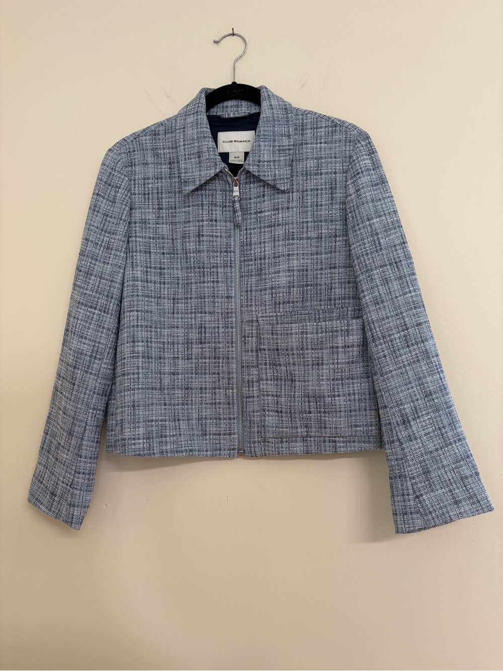 Club Monaco Light Blue Check Tweed Zip Jacket